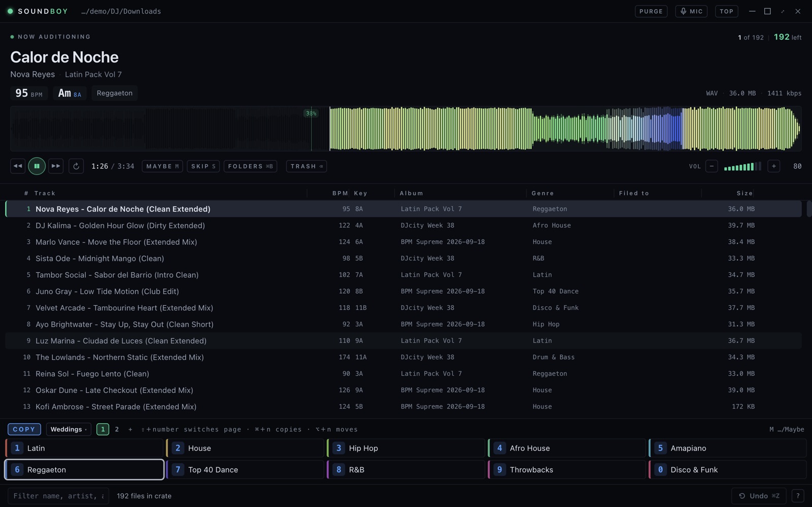 The Soundboy window: title strip, now auditioning, the coloured waveform, transport, the queue, and ten folder keys with Reggaeton glowing