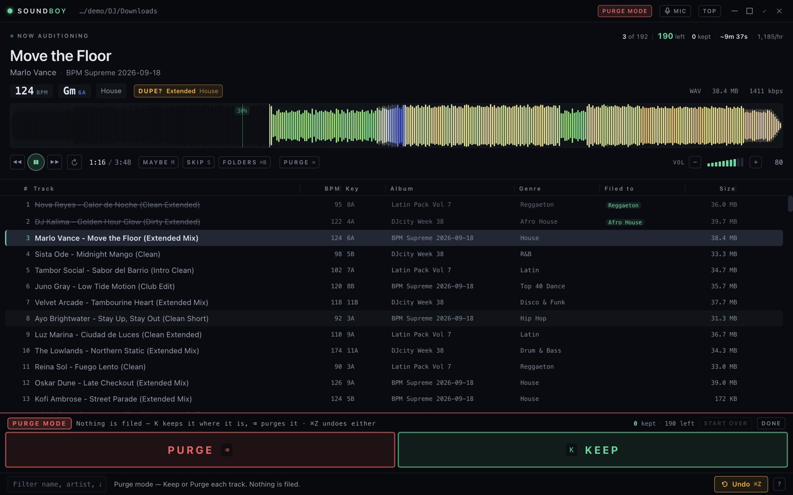 Purge mode on the Mac: Purge and Keep in place of the number keys, with the kept count