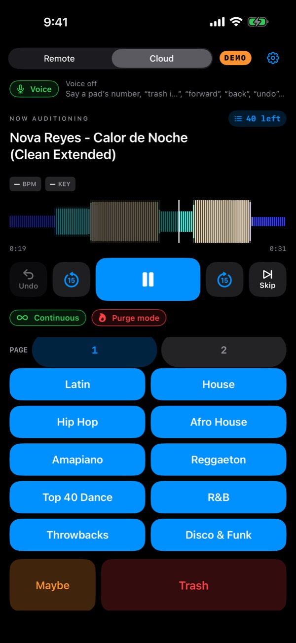 Cloud mode: the deck with transport, Continuous and Purge mode switches, and ten pads