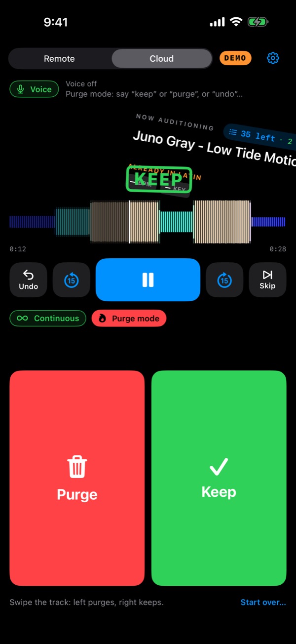 Purge mode on the phone: the track card mid-swipe, stamped KEEP
