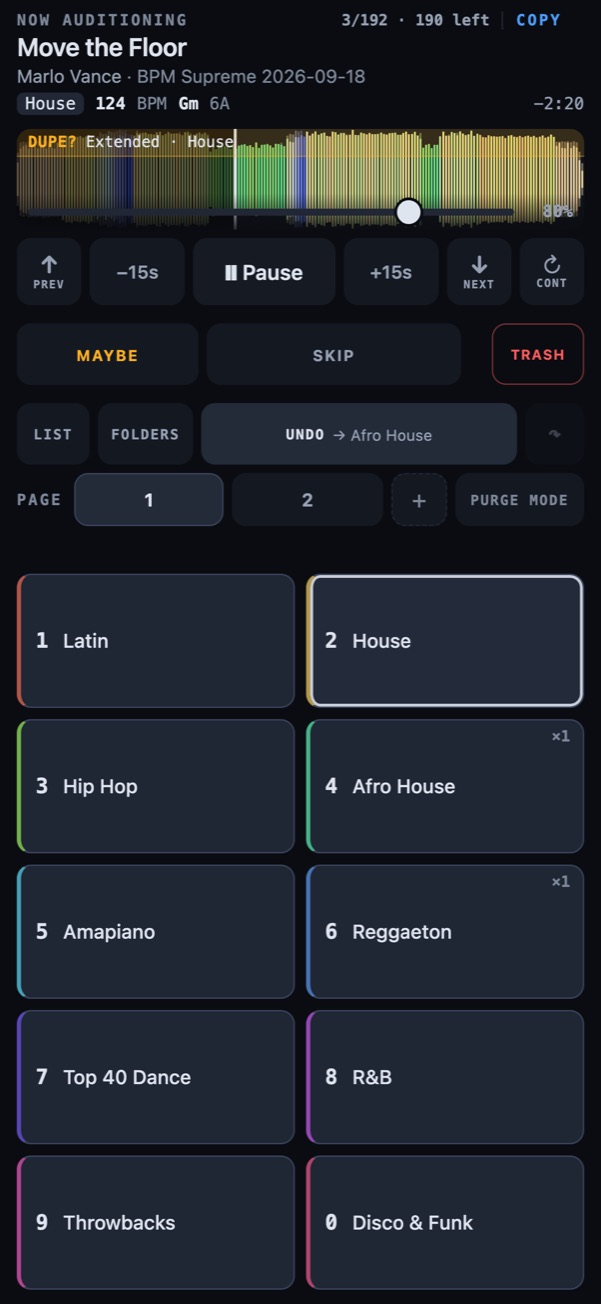 The remote on an iPhone: the waveform with a DUPE? banner, transport, and ten coloured keys with House ringed